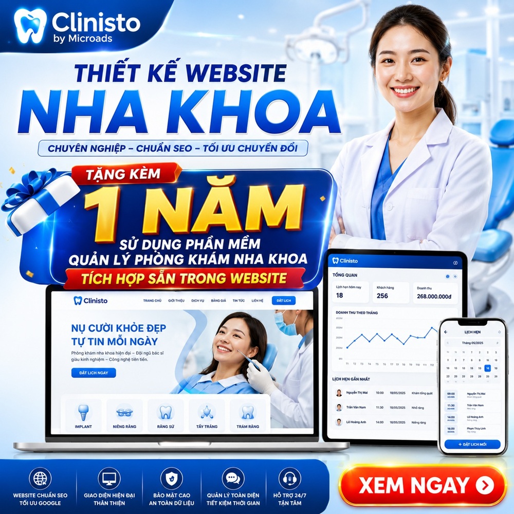 Ưu đãi thiết kế website nha khoa 20 triệu, tặng 1 năm phần mềm quản lý phòng khám Clinisto